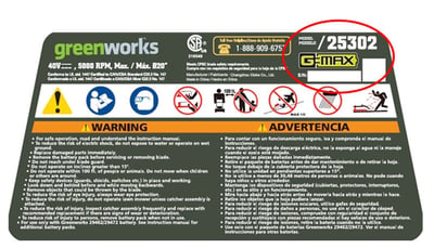 Model number, serial number and date code label on Greenworks lawn mower